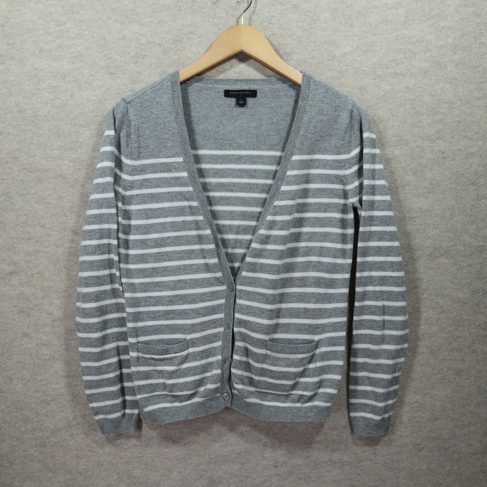 Banana Republic Cardigan S Striped Modern Grey White V-Neck Button Front Sweater